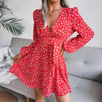Puff Sleeve Chiffon Dress High Waist Floral Printed Dress