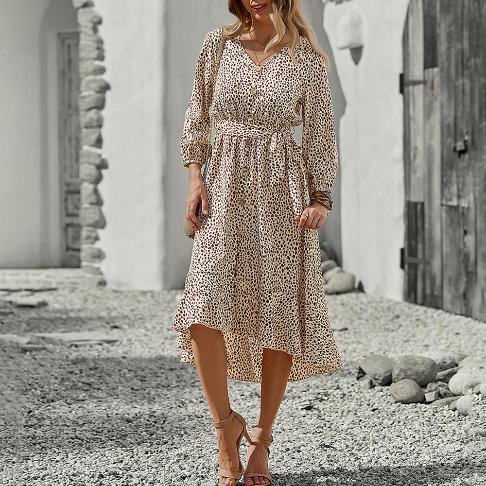V Neck Polka Dot Print Long Sleeve High Low Hem Belted Dress