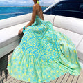 Green Graphic Print Halter Neck Backless Ruffle Hem Dress