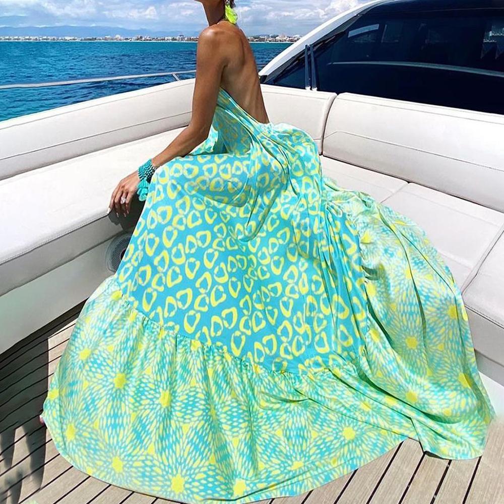 Green Graphic Print Halter Neck Backless Ruffle Hem Dress