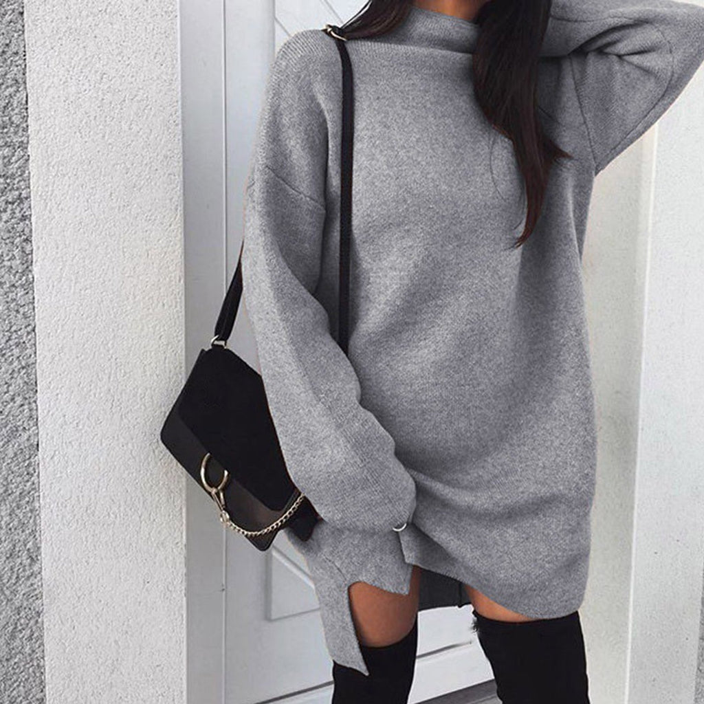 Women Winter Long Sleeve Mini Dress Casual Turtleneck Pullover Knee Length Sweatershirt