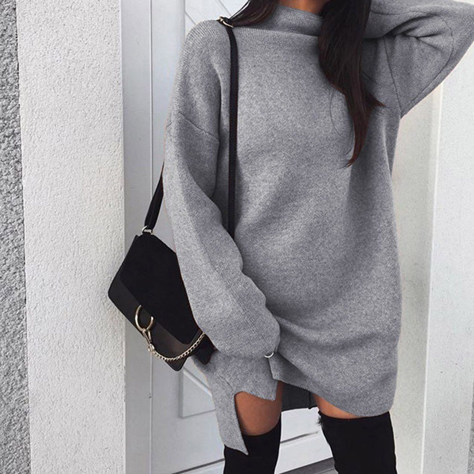 Women Winter Long Sleeve Mini Dress Casual Turtleneck Pullover Knee Length Sweatershirt