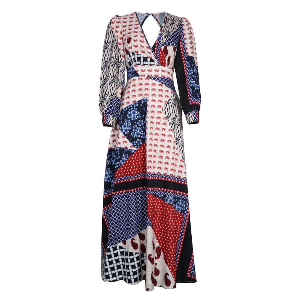 Geo Print Surplice Front V Neck Bishop Sleeve Backless Long Dress