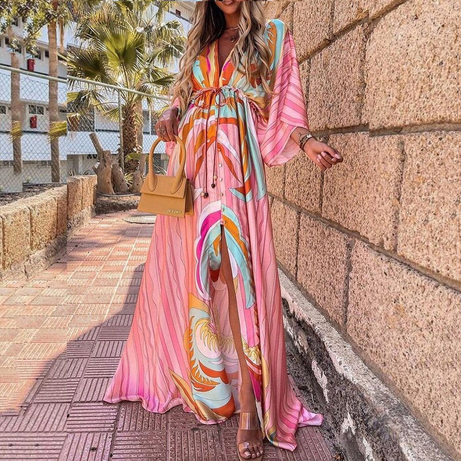 Drawstring Allover Heart & Leopard & Marble &  Floral & Graphic Print Plunging Neck Lantern Sleeve Maxi Dress
