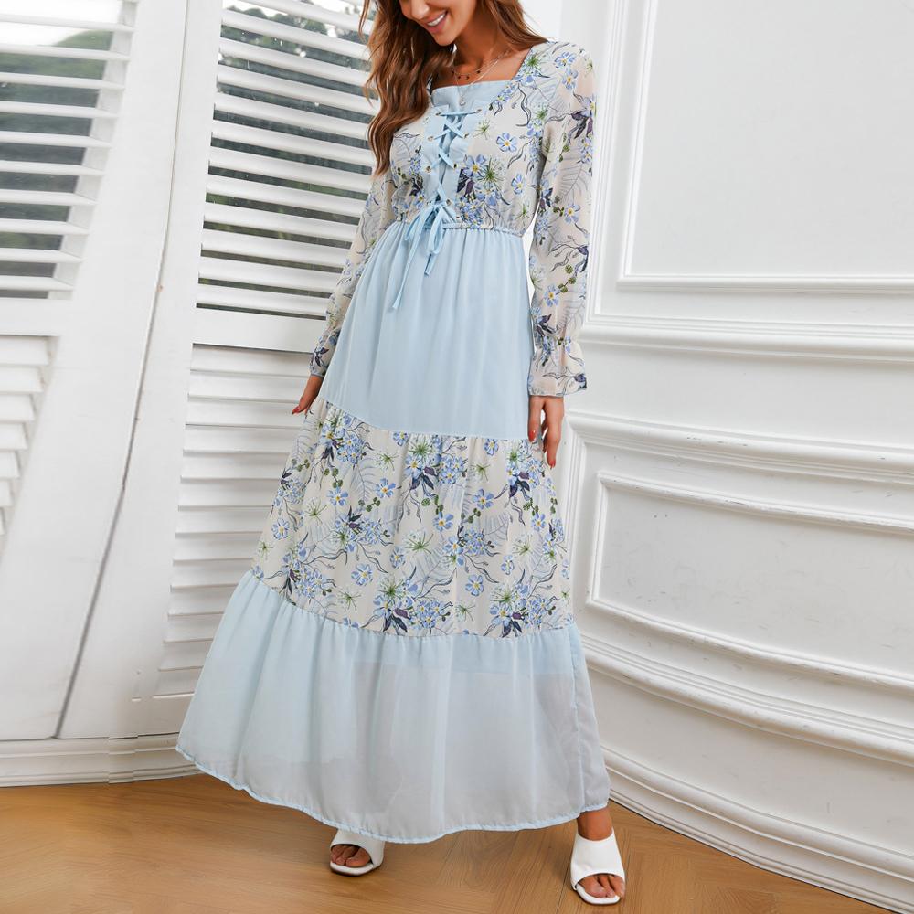 Square Neck Floral Print Lace up Front Flounce Sleeve Patchwork Maxi Dress