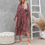 Burgundy Ditsy Floral Print Asymmetrical Flared Sleeve Ruffle Detail High Low Hem Dress