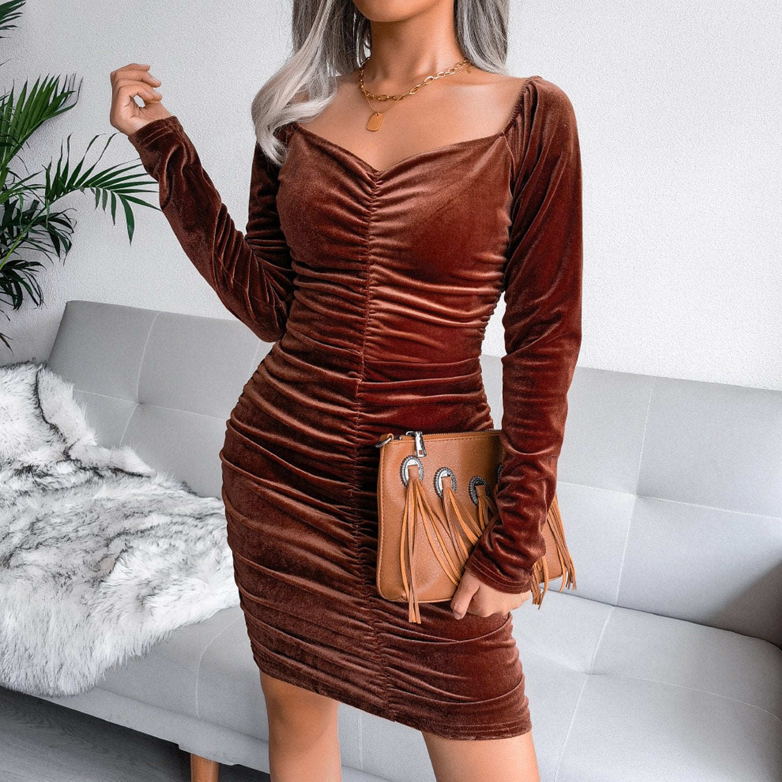 Hollow Out Square Neck Mini Dress Elegant Velour Sweater