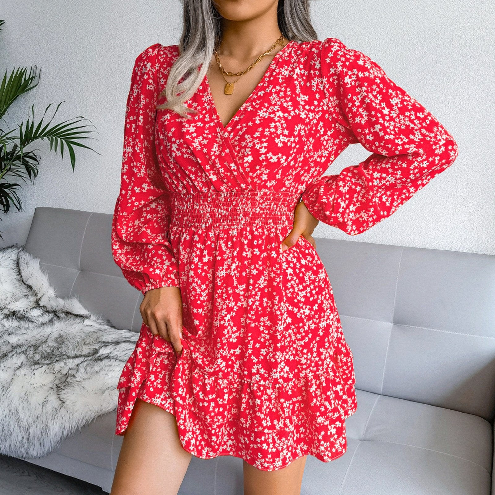 Fashion Long Sleeve Chiffon Dress Floral Printed Deep V-neck Midi Party Dress