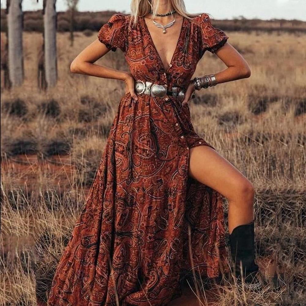Floral Print Puff Sleeve Button Front Through V Neck Ruffle Slit Hem Dress Without Belt