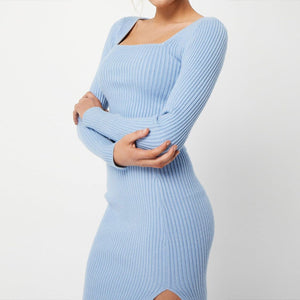 Blue Crop Tee & Split Thigh Skirt Set Scoop Neck Rib-knit Split Hem Sweater Dress