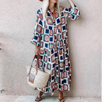 Floral & Geo Print V Neck Flounce Sleeve Maxi Dress