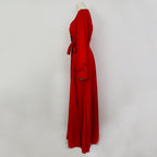 Solid Bishop Sleeve Surplice Front V Neck Split Thigh Belted Maxi Dress