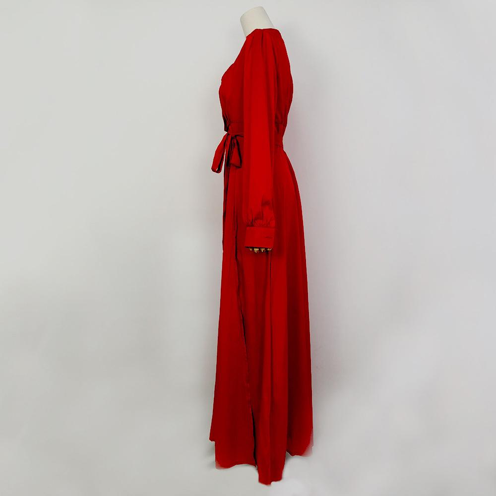 Solid Bishop Sleeve Surplice Front V Neck Split Thigh Belted Maxi Dress