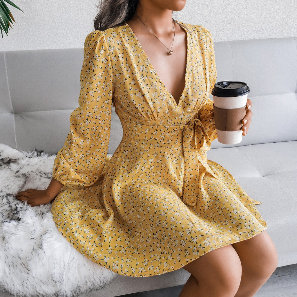 Puff Sleeve Chiffon Dress High Waist Floral Printed Dress
