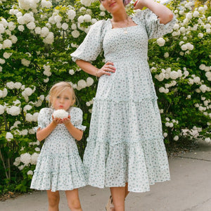 Mommy and Me Dress Fashion Floral Kids Mother Matching Dress Square Neck Half Sleeve Plaid Midi Dress