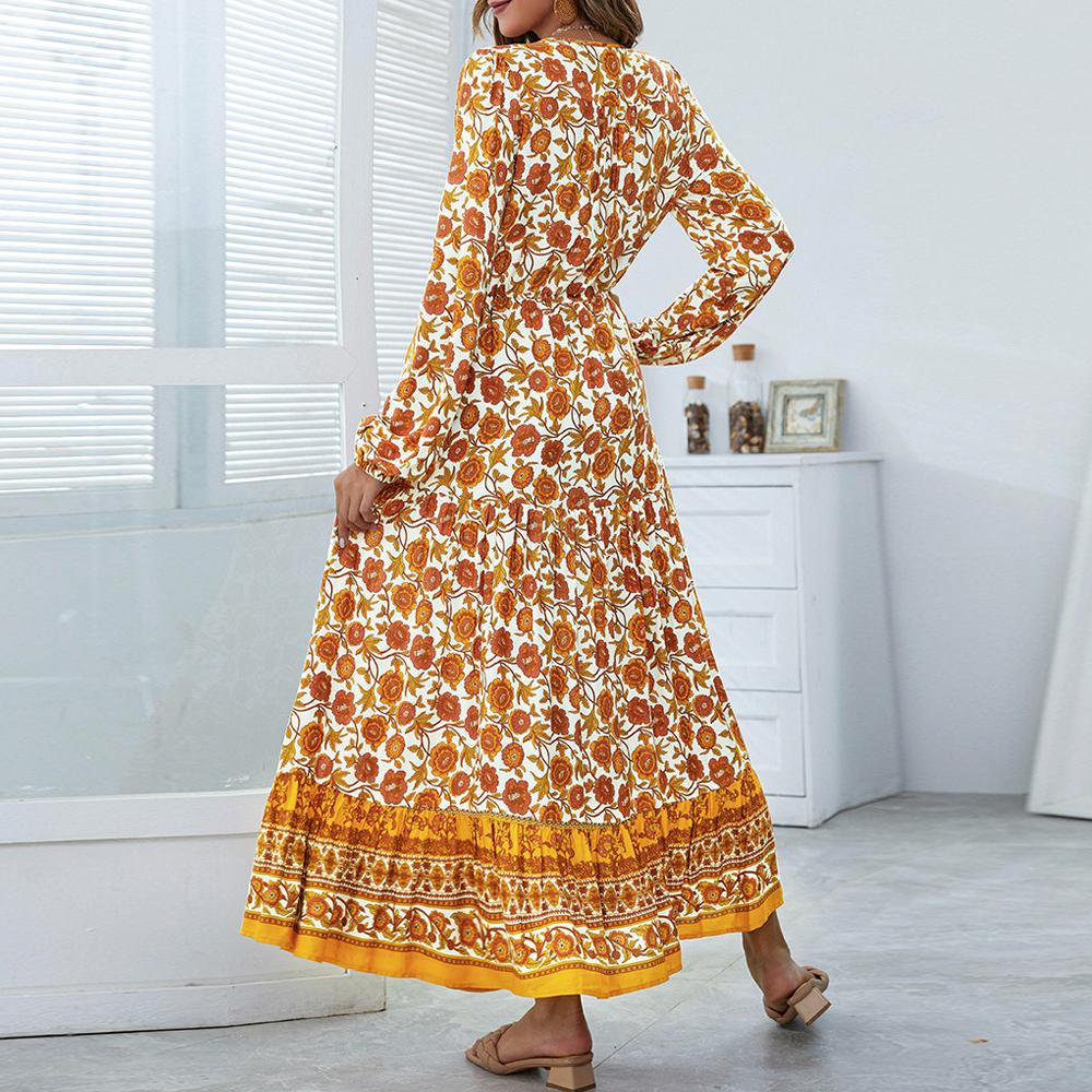 Half Button Allover Floral Print V Neck Bishop Sleeve Maxi Dress