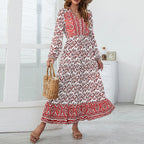 Half Button Allover Floral Print V Neck Bishop Sleeve Maxi Dress