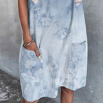 Blue Floral Print V Neck Short Sleeve Dual Pocket Dress