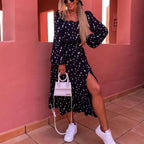 Floral & Allover Print Lantern Sleeve Ruffle Hem Split Thigh Belted Dress
