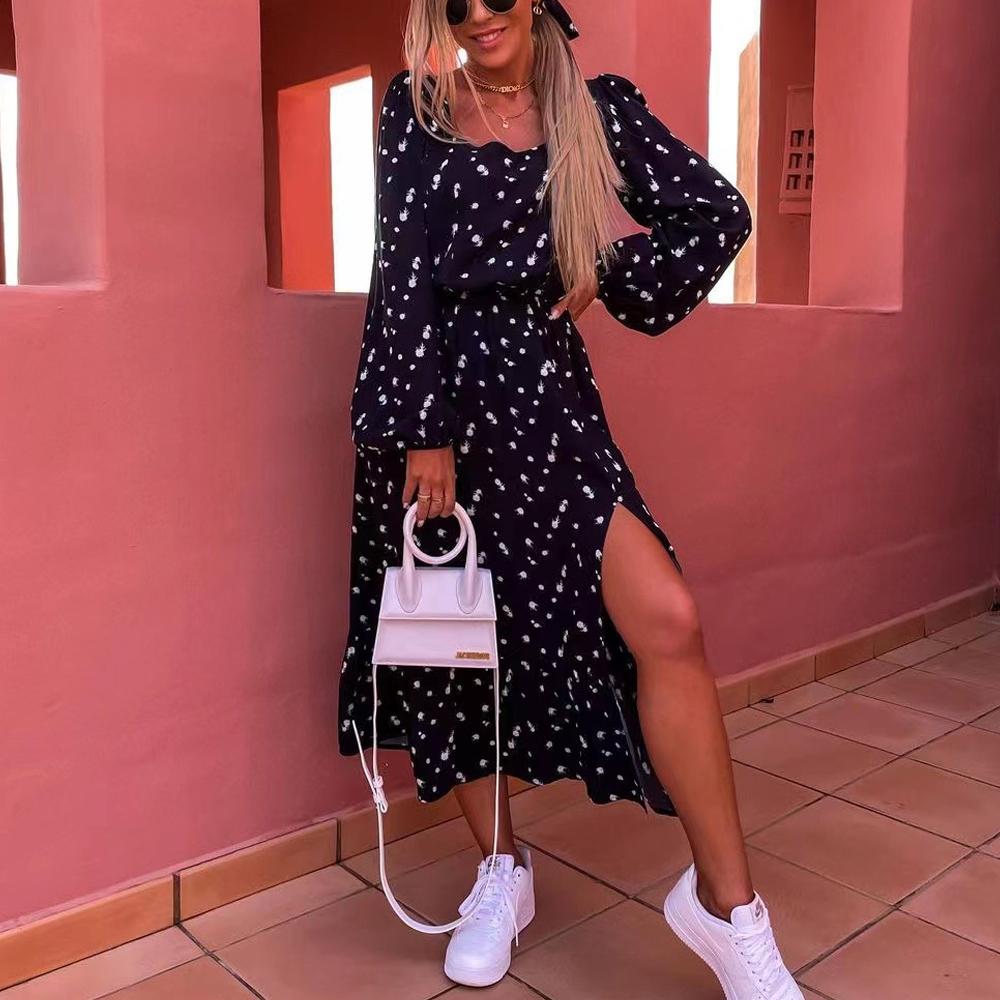 Floral & Allover Print Lantern Sleeve Ruffle Hem Split Thigh Belted Dress