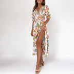 Green Floral Print Shirred Waist V Neck Flounce Sleeve A-line Dress