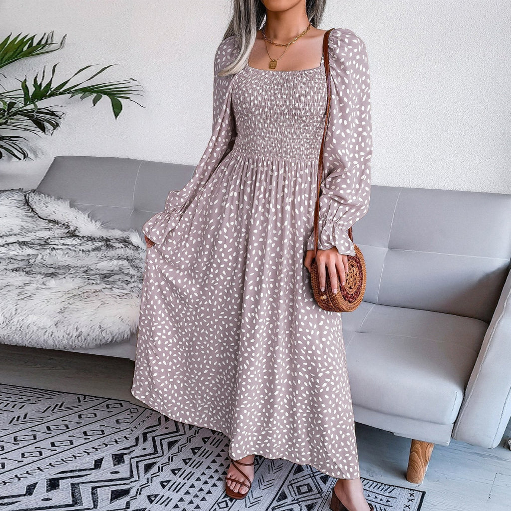 Adult Square Neck Maxi Dress Puff Sleeve Pleated Dress