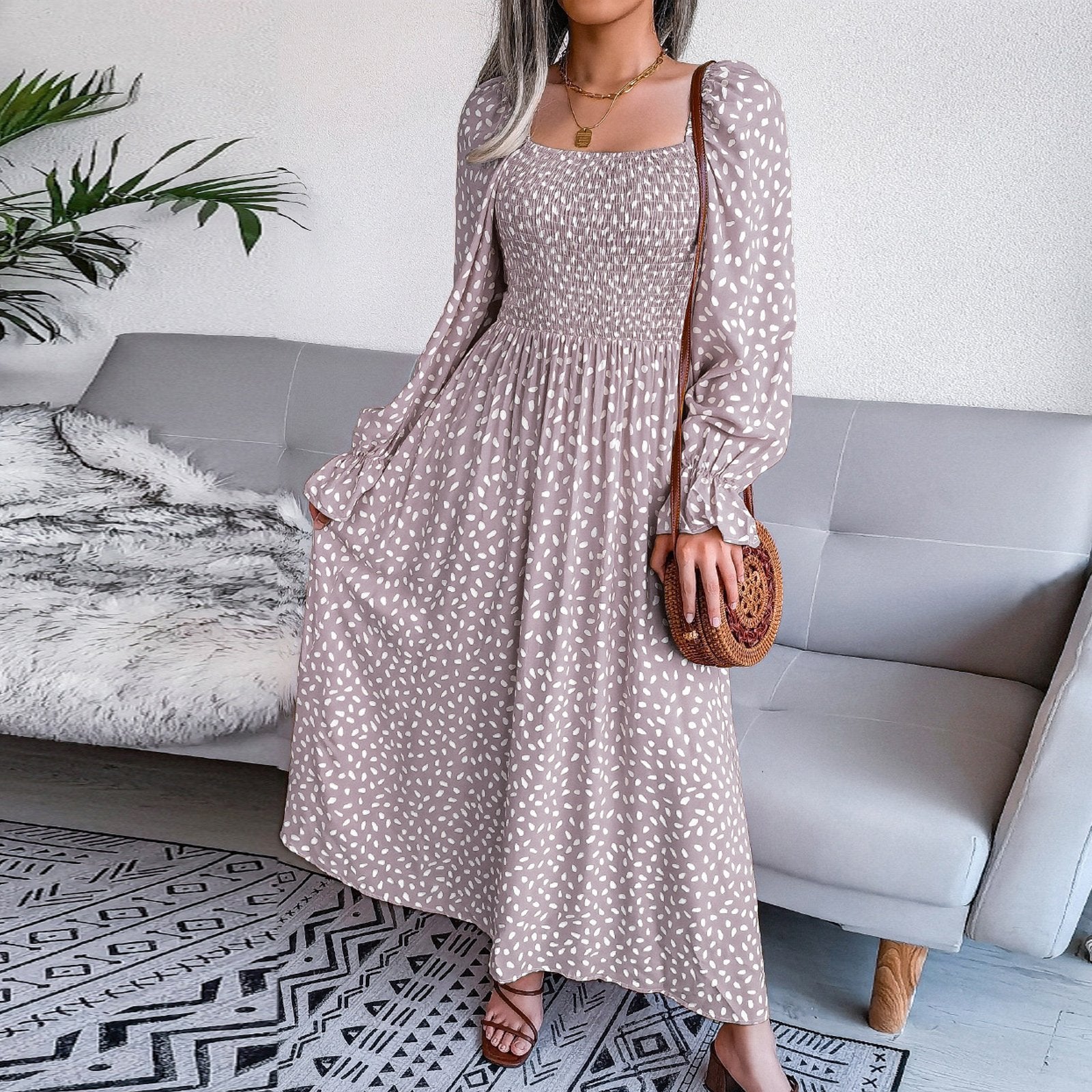 Adult Square Neck Maxi Dress Puff Sleeve Pleated Dress