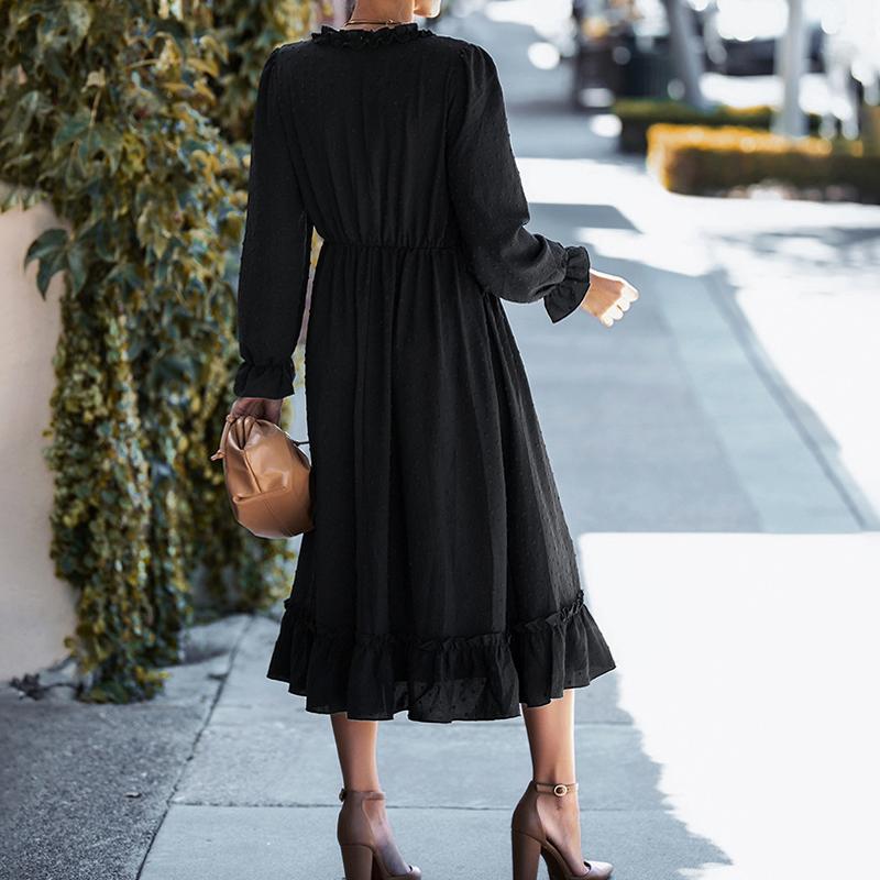 Solid Swiss Dot Mesh Flounce Sleeve Lettuce Trim V Neck Chiffon Dress