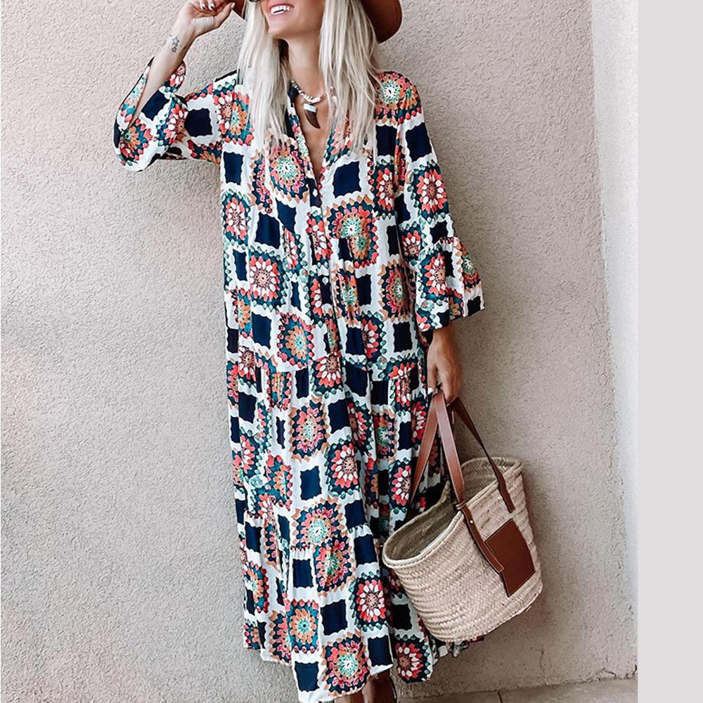 Floral & Geo Print V Neck Flounce Sleeve Maxi Dress