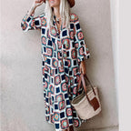 Floral & Geo Print V Neck Flounce Sleeve Maxi Dress