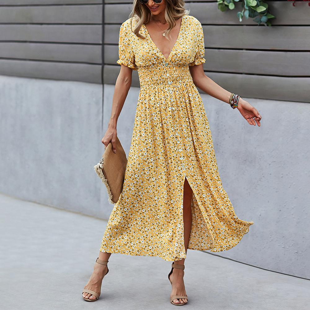 Puff Sleeve Button Detail Shirred Waist Ditsy Floral Print Slit Hem Dress