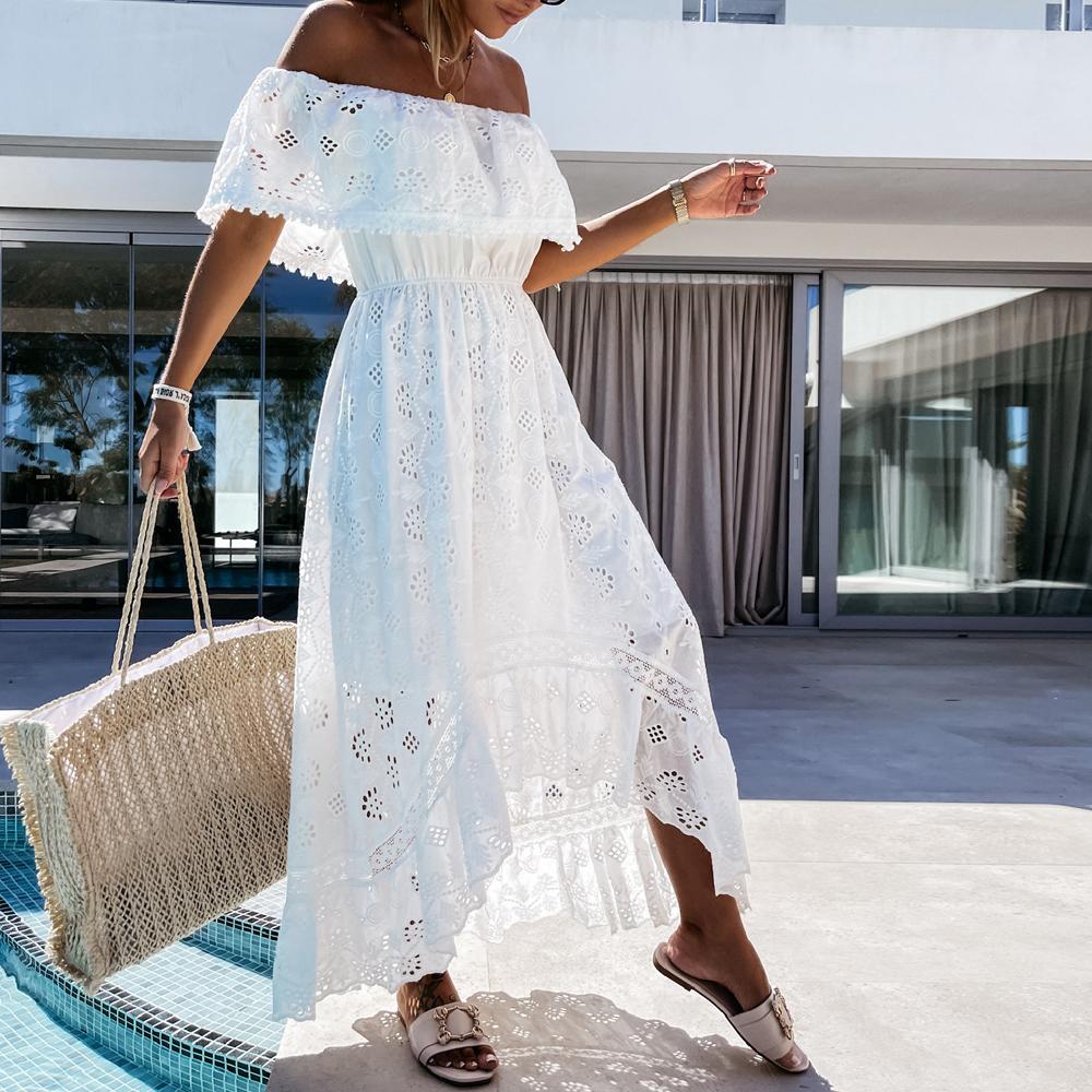 Off Shoulder Floral Hollow Ruffle Trim Asymmetrical Hem Dress