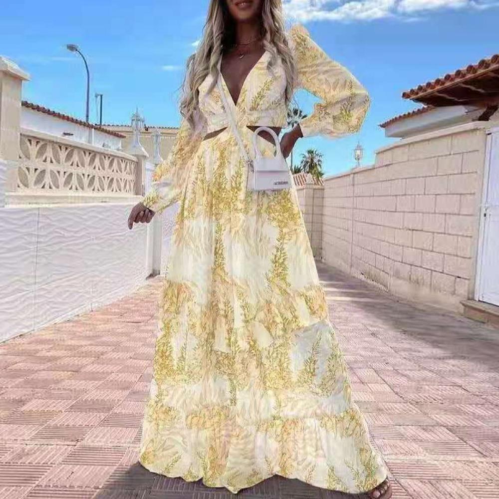 Allover Print Plunging Neck Cut Out Waist Bishop Sleeve Maxi Dress