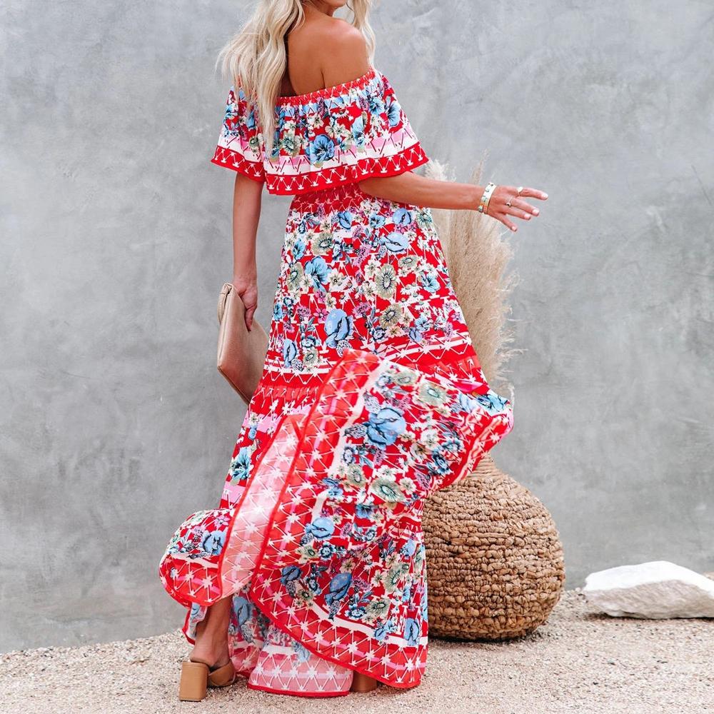 Allover Floral Print Off Shoulder Ruffle Hem Belted Maxi Dress