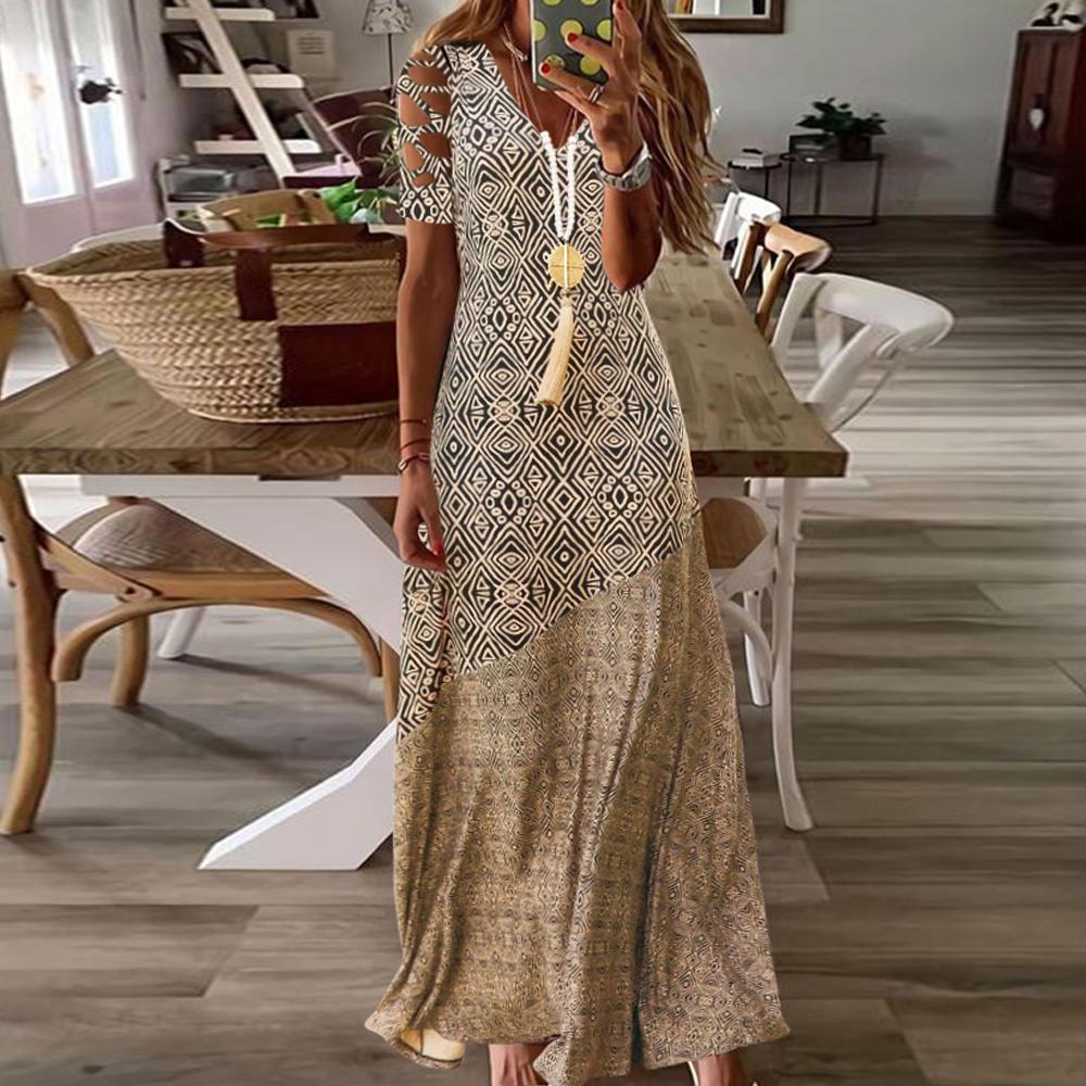 Yellow Geo Print V Neck Cut Out Short Sleeve Maxi Dress