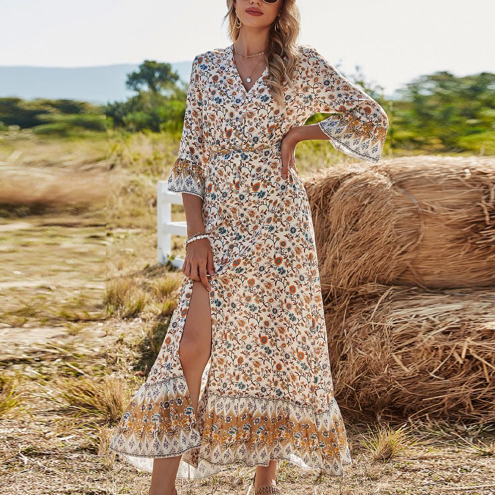 Apricot All Over Print Button Front Split Thigh Ruffle Hem Half Sleeve Dress