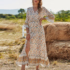 Apricot All Over Print Button Front Split Thigh Ruffle Hem Half Sleeve Dress