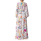Graphic & Geo Print Lantern Sleeve Overlap Collar Split Thigh Belted Dress