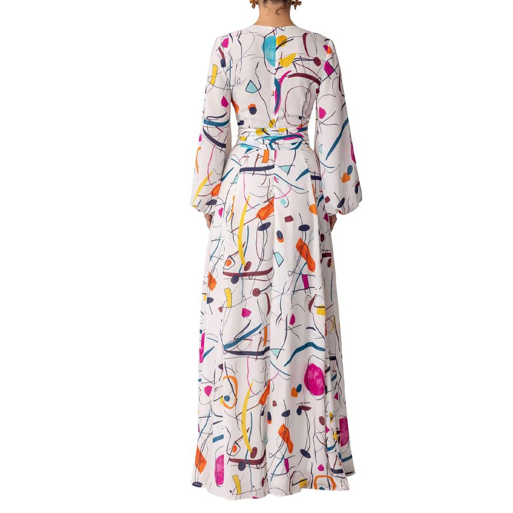 Graphic & Geo Print Lantern Sleeve Overlap Collar Split Thigh Belted Dress