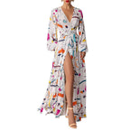 Graphic & Geo Print Lantern Sleeve Overlap Collar Split Thigh Belted Dress