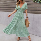 Puff Sleeve Button Detail Shirred Waist Ditsy Floral Print Slit Hem Dress