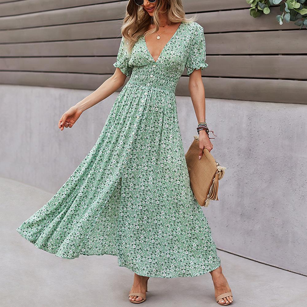Puff Sleeve Button Detail Shirred Waist Ditsy Floral Print Slit Hem Dress