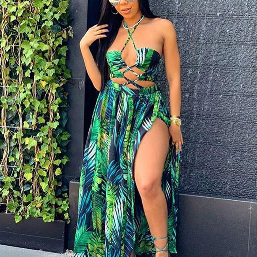 Tropical Print Lace Up Front Split Thigh Sexy Maxi Dress