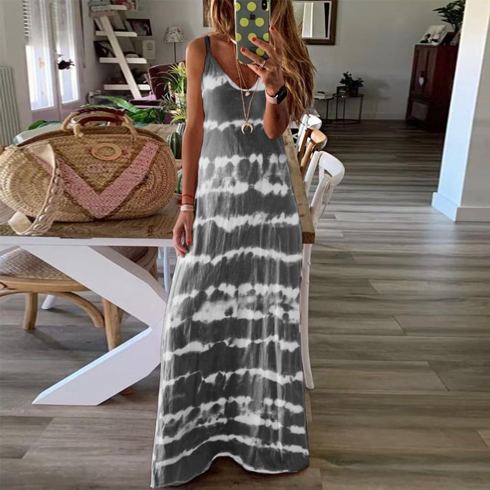 Striped Print Round Neck Maxi Cami Dress