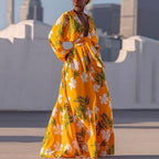 Floral Print Deep V Neck Batwing Sleeve Sexy Maxi Dress
