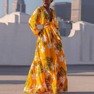 Floral Print Deep V Neck Batwing Sleeve Sexy Maxi Dress