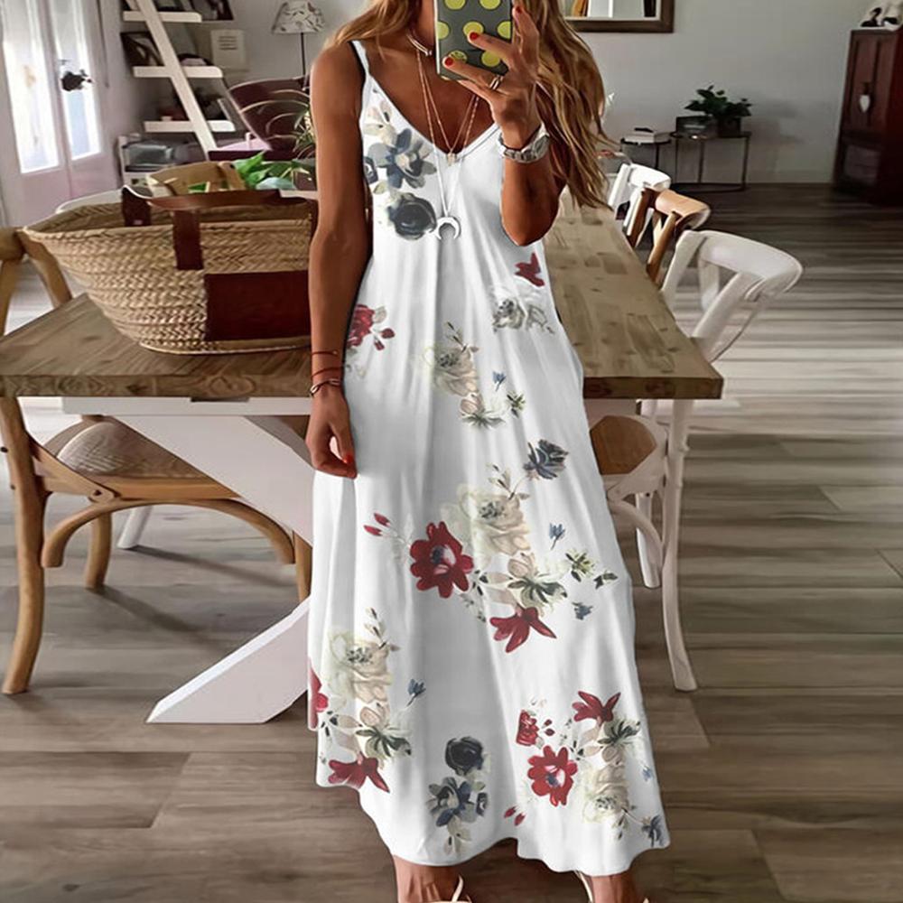White V Neck Floral Print Cami Maxi Dress