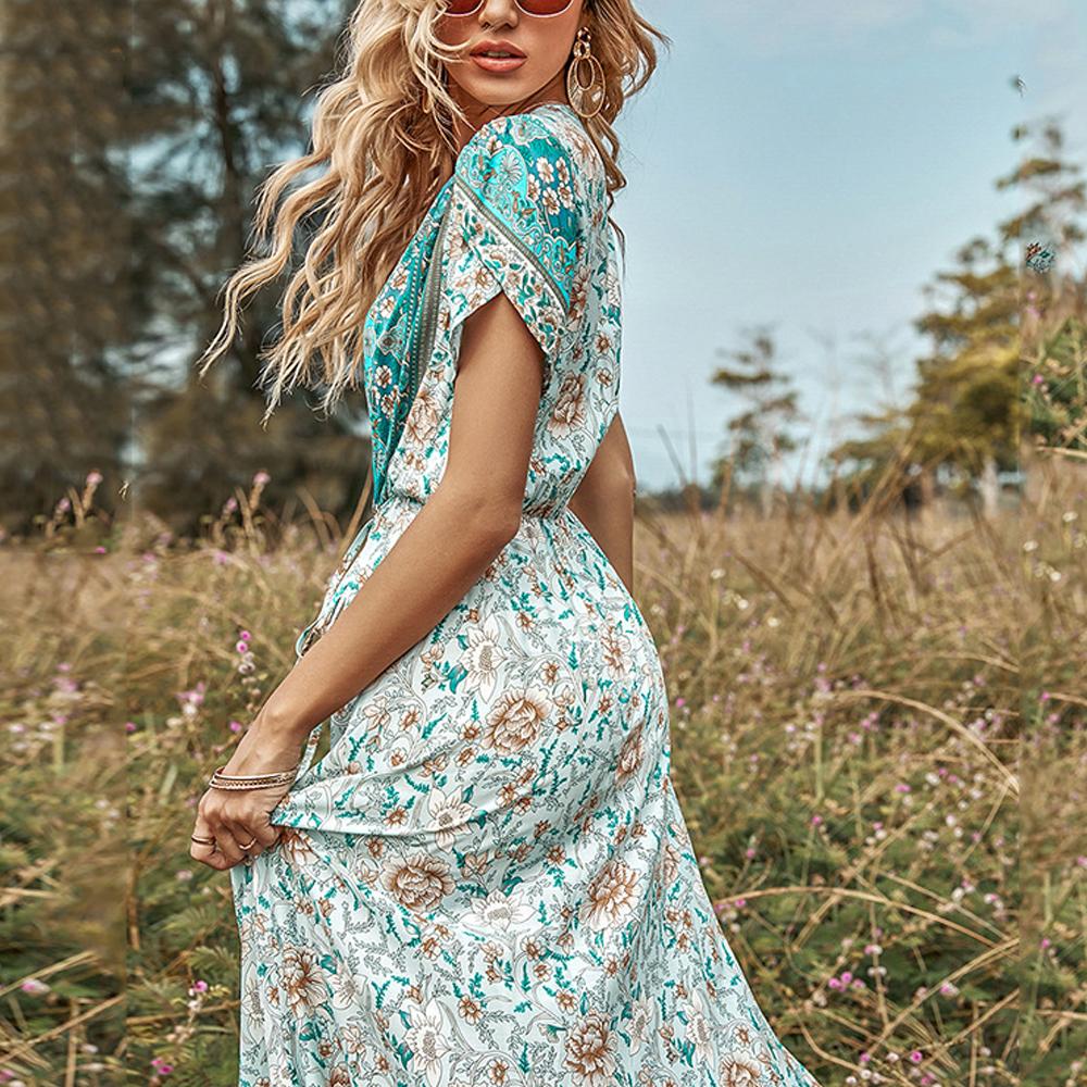 Paisley & Floral Print Surplice Sleeve Knot Waist V Neck Dress