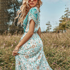 Paisley & Floral Print Surplice Sleeve Knot Waist V Neck Dress