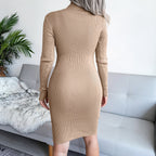 Mock Neck Cut Out Button Detail Bodycon Sweater Dress